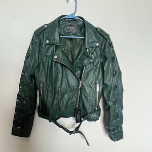 Ci sono women's Vegan Leather Medium Jacket with Laced Up Sleeves Green NWT